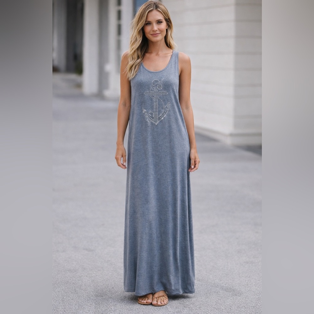 SJS Slate Blue Sleeveless Anchor Maxi Dress